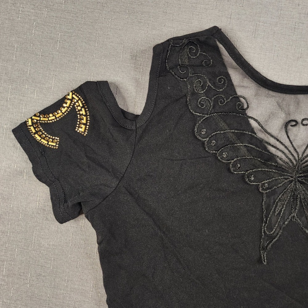 Fashion Top Cold Shoulder Beaded Gold Black Butterfly Mesh V-Neck Shirt Y2K - Picture 9 of 10